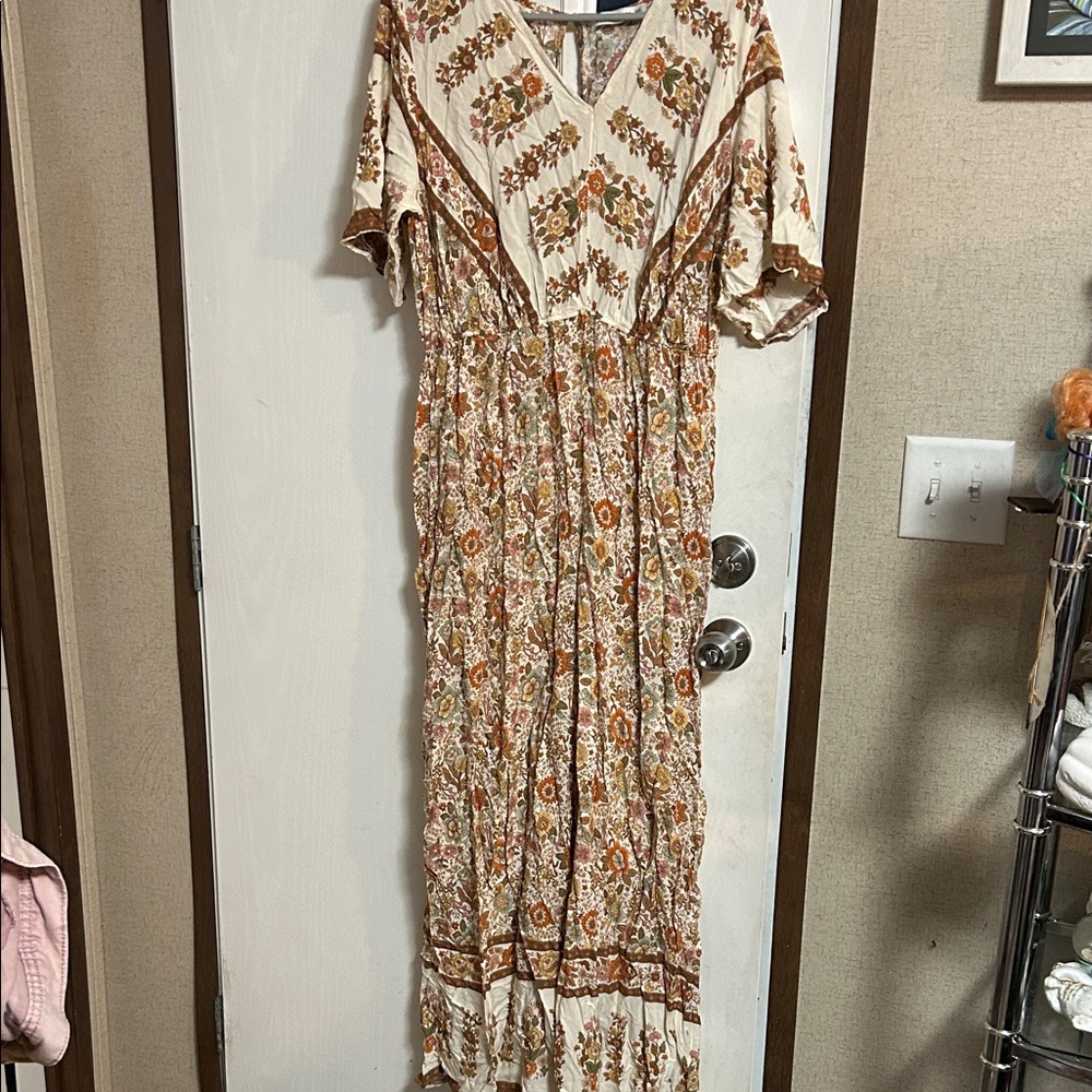 Bohemian Floral Jumpsuit - Cream and Brown